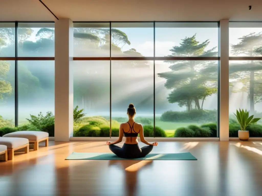 Espacio de bienestar en Uruguay con vegetación exuberante, agua calmante y personas practicando yoga y meditación bajo la luz natural