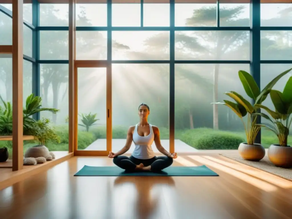 Espacio de bienestar moderno y sereno en Uruguay, con vegetación exuberante, luz natural, yoga, meditación y fuente interior creando un ambiente tranquilo