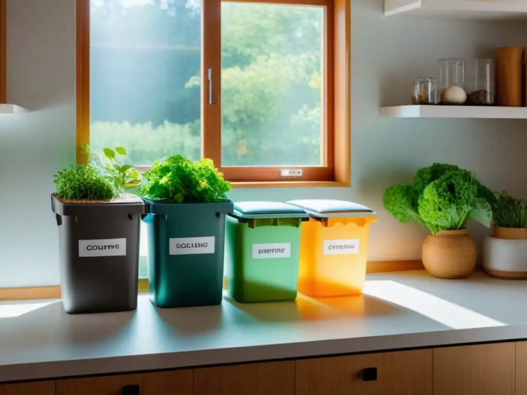 Un espacio de cocina sereno y organizado con separadores de reciclaje para vidrio, plástico, papel y residuos orgánicos, etiquetados en español