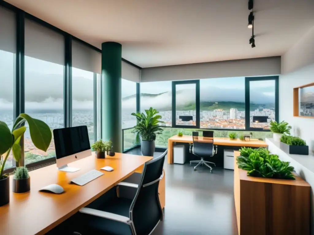 Un espacio de coworking moderno en Uruguay con decoración creativa, plantas verdes y profesionales colaborando