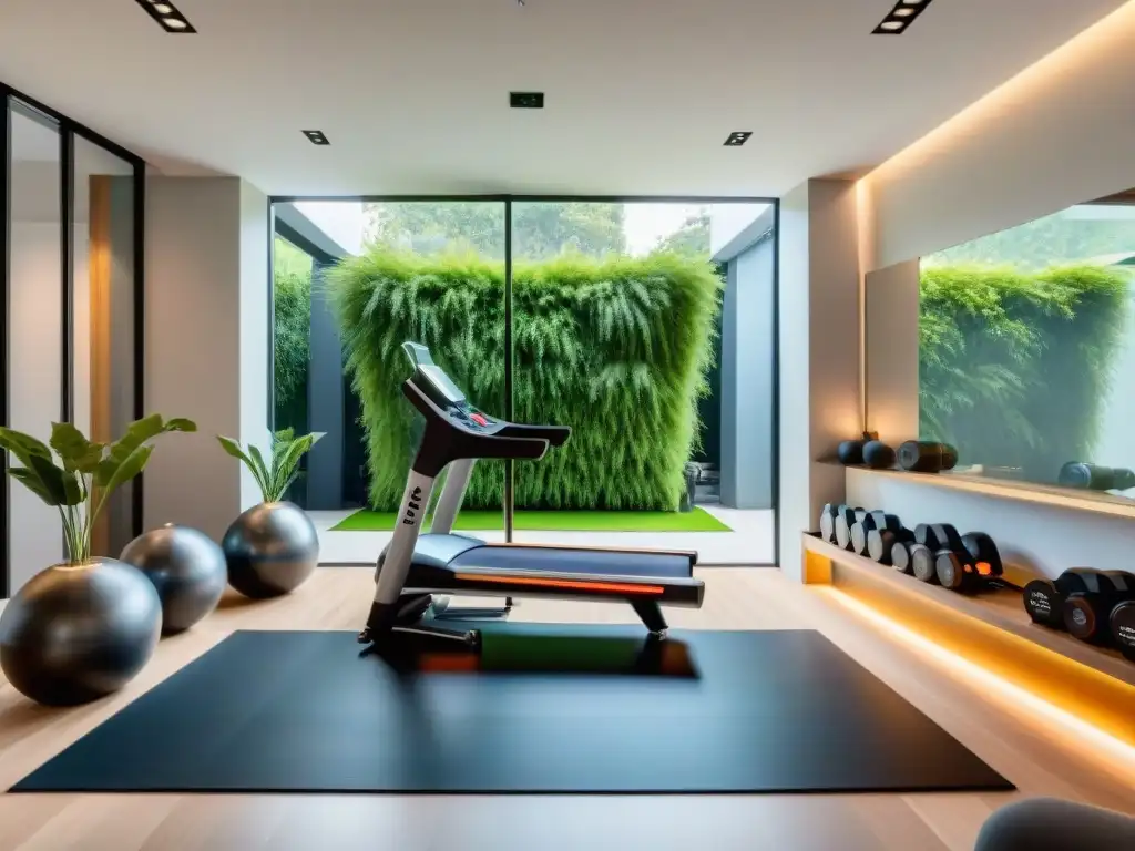 Un espacio fitness moderno y elegante en Uruguay con equipo de alta tecnología, frases motivadoras en español y decoración acogedora