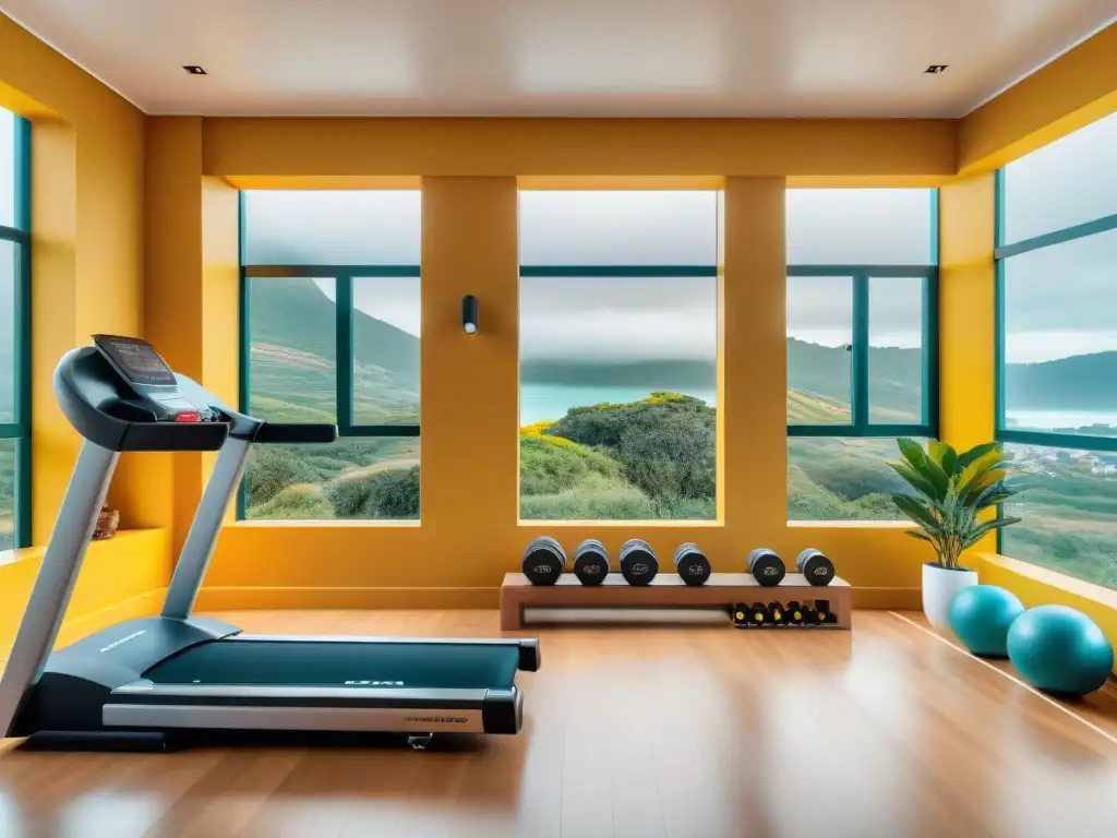 Espacio de gimnasio casero en Uruguay con equipamiento completo, luz natural y vista a la naturaleza, ambiente limpio y motivador