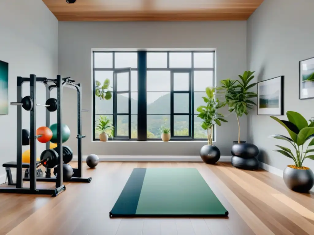 Espacio de gimnasio casero moderno y elegante en Uruguay, con accesorios organizados y estética minimalista