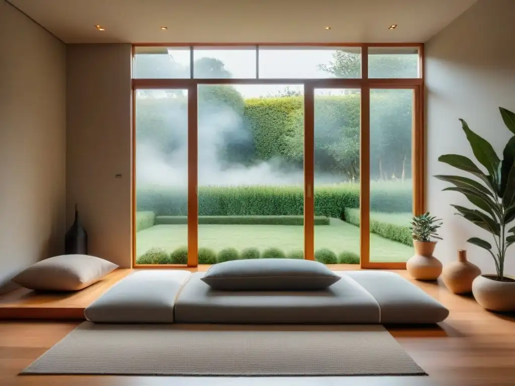 Espacio de meditación Zen en Uruguay con decoración minimalista en tonos tierra, ventana amplia con vista al jardín y ambiente tranquilo