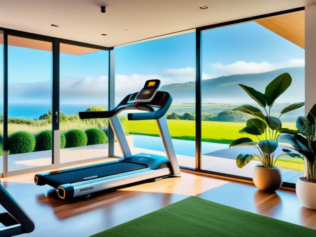 Espacio fitness moderno en casa en Uruguay con equipamiento de alta tecnología y vista panorámica, ideal para los beneficios gimnasio en casa Uruguay