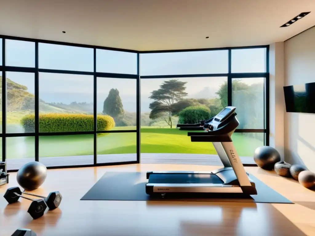 Espacio fitness moderno y luminoso en casa uruguaya, con equipamiento de vanguardia y decoración minimalista