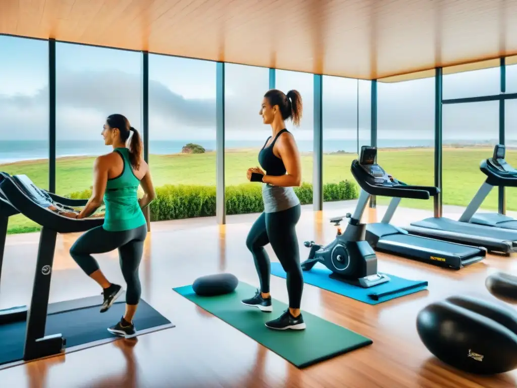 Espacio fitness moderno en Uruguay con vistas al mar, equipamiento de última generación y personas de todas las edades ejercitándose juntas