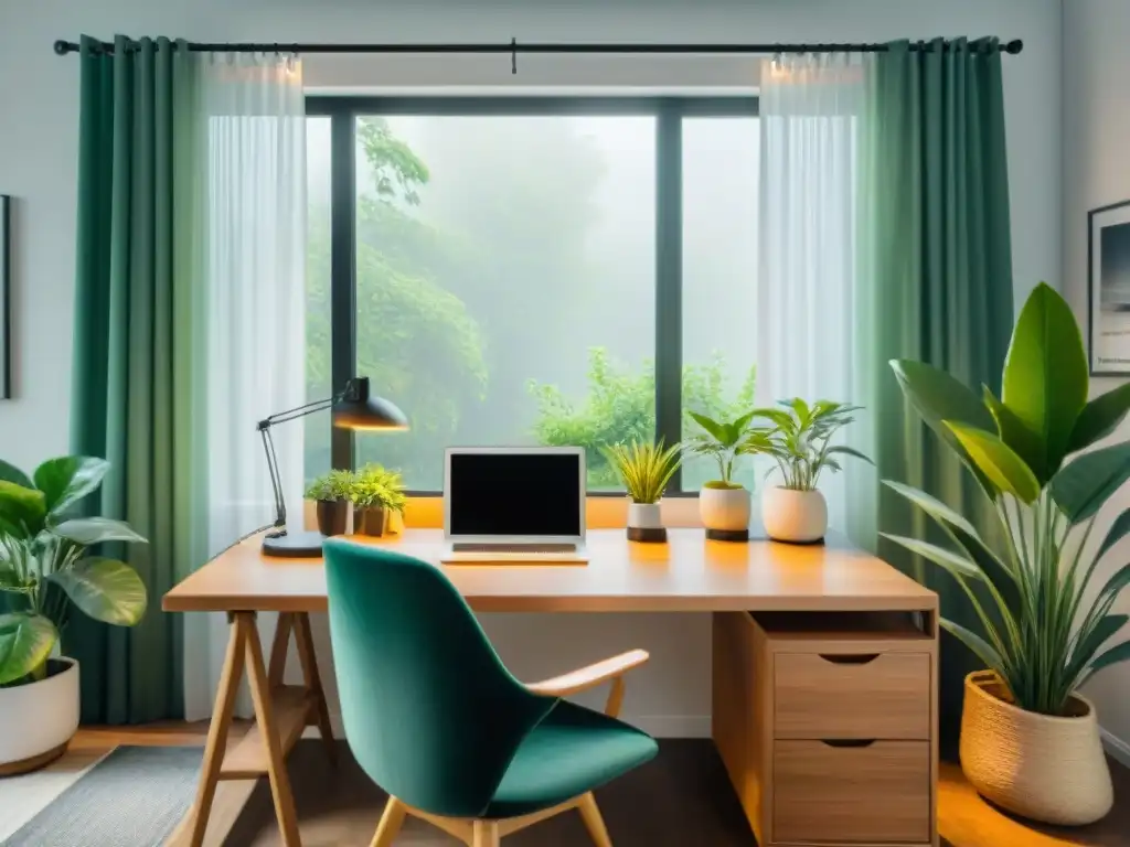 Un espacio de oficina en casa sereno y productivo con un escritorio minimalista, laptop, libreta y café, rodeado de plantas verdes y luz natural suave filtrando a través de cortinas translúcidas