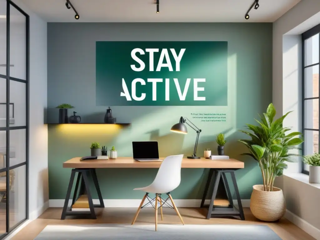 Un espacio de oficina moderno con escritorio de pie, silla ergonómica, planta, bandas de resistencia y cuadro motivacional 'Stay Active, Stay Healthy'