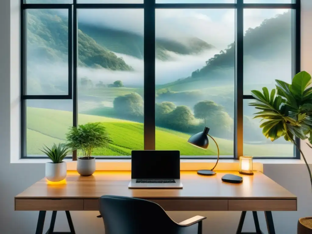 Un espacio de oficina sereno y moderno con vista a un paisaje verde, con un escritorio minimalista, laptop, planta y difusor de aceites esenciales