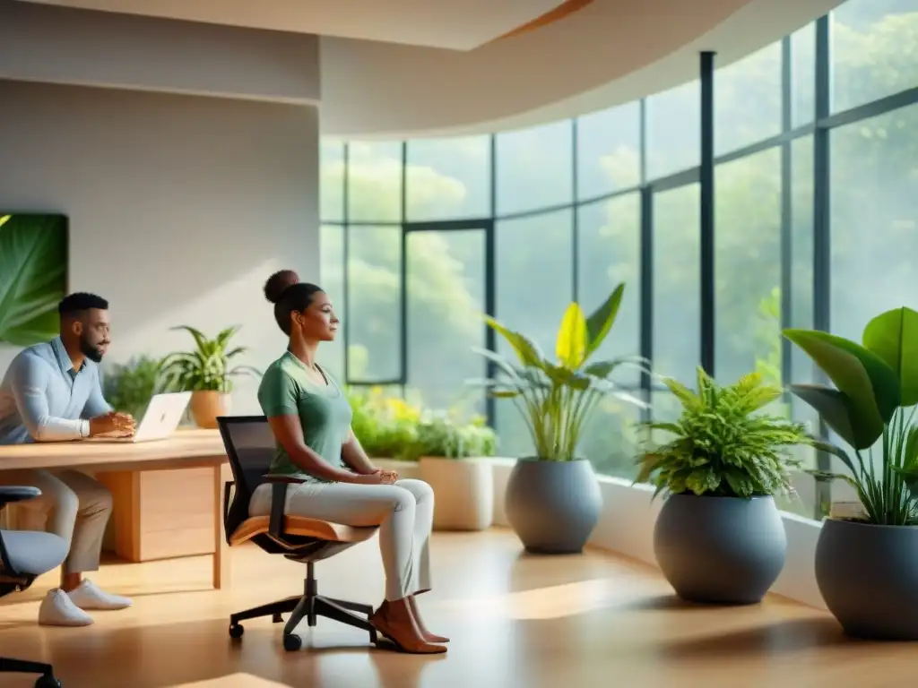 Un espacio de oficina sereno con vista a un jardín verde, mobiliario ergonómico moderno y plantas vibrantes