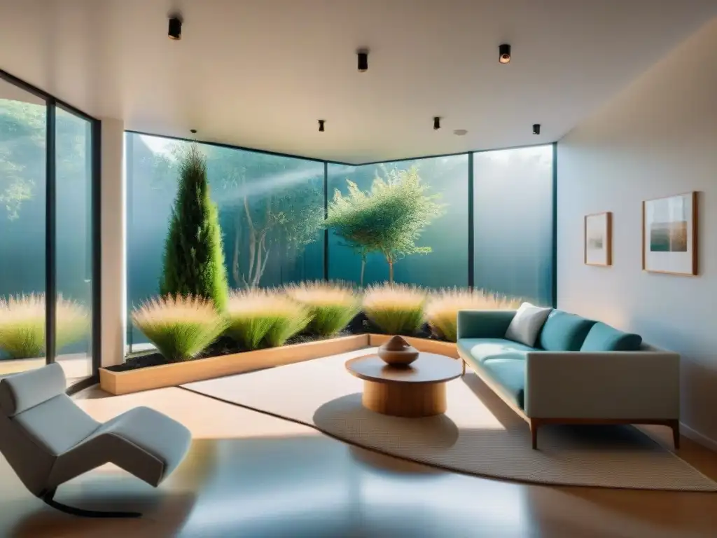 Clínica de salud mental en Uruguay: serenidad y modernidad Un espacio de salud mental sereno y moderno en Uruguay en 2021, con decoración minimalista y toques de naturaleza