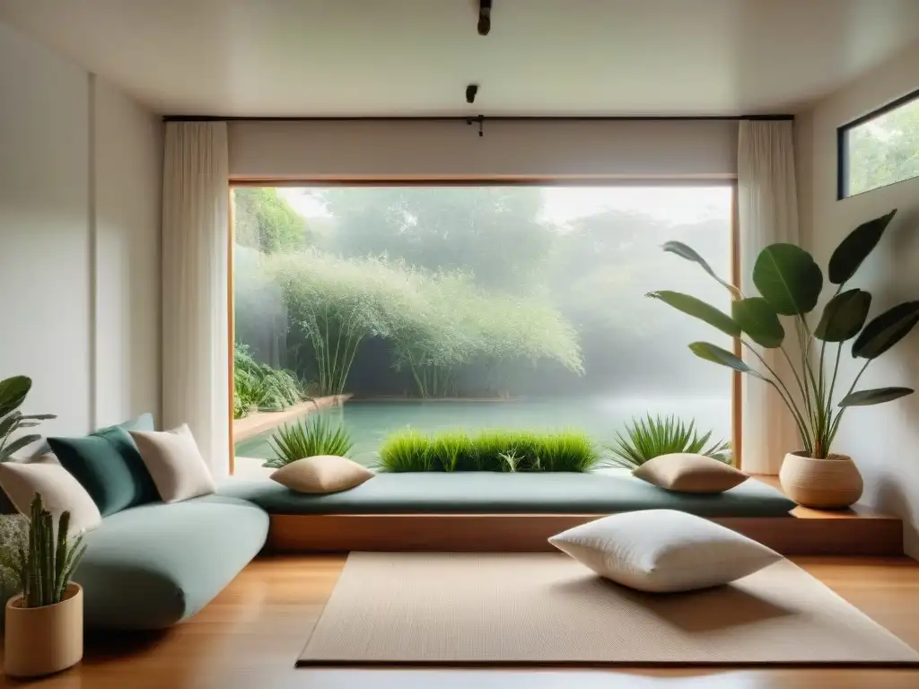 Un espacio sereno de meditación en casa en Uruguay, con ventana amplia y cortinas blancas ondeando suavemente