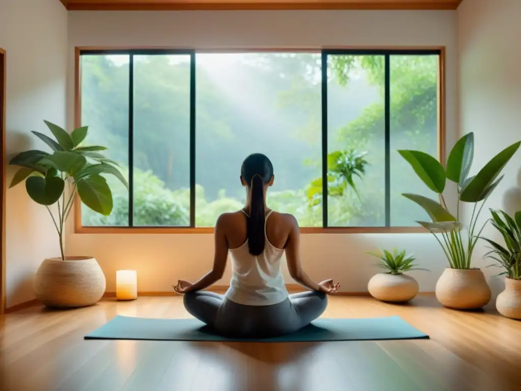 Espacio sereno para mindfulness con colores suaves, ventana con vista al jardín, libros de mindfulness y persona meditando