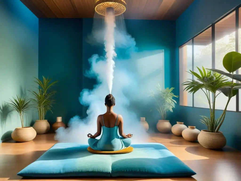 Espacio de meditación sereno con luz natural, almohadones y fuente, ideal para cursos online espiritualidad Uruguay