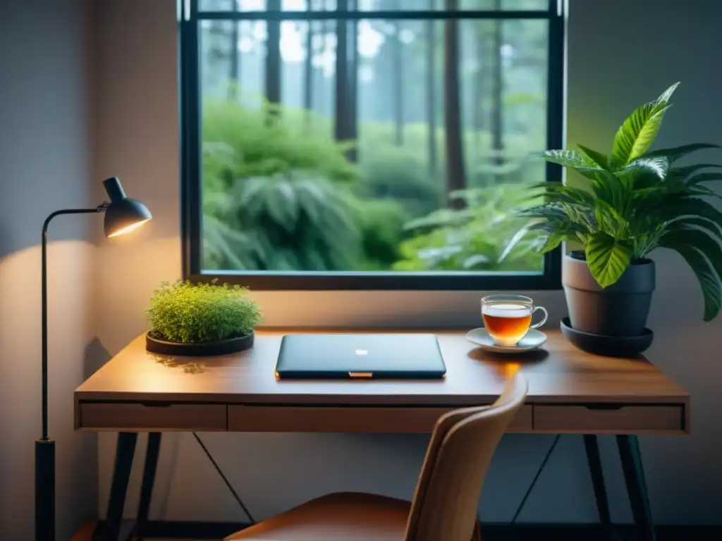 Un espacio sereno y minimalista con vista a un bosque verde exuberante, resaltando la importancia de equilibrar cuerpo y mente