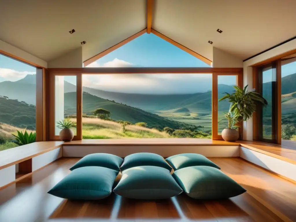 Espacio de meditación en sierras de Lavalleja, Uruguay, con decoración minimalista y vista a montañas