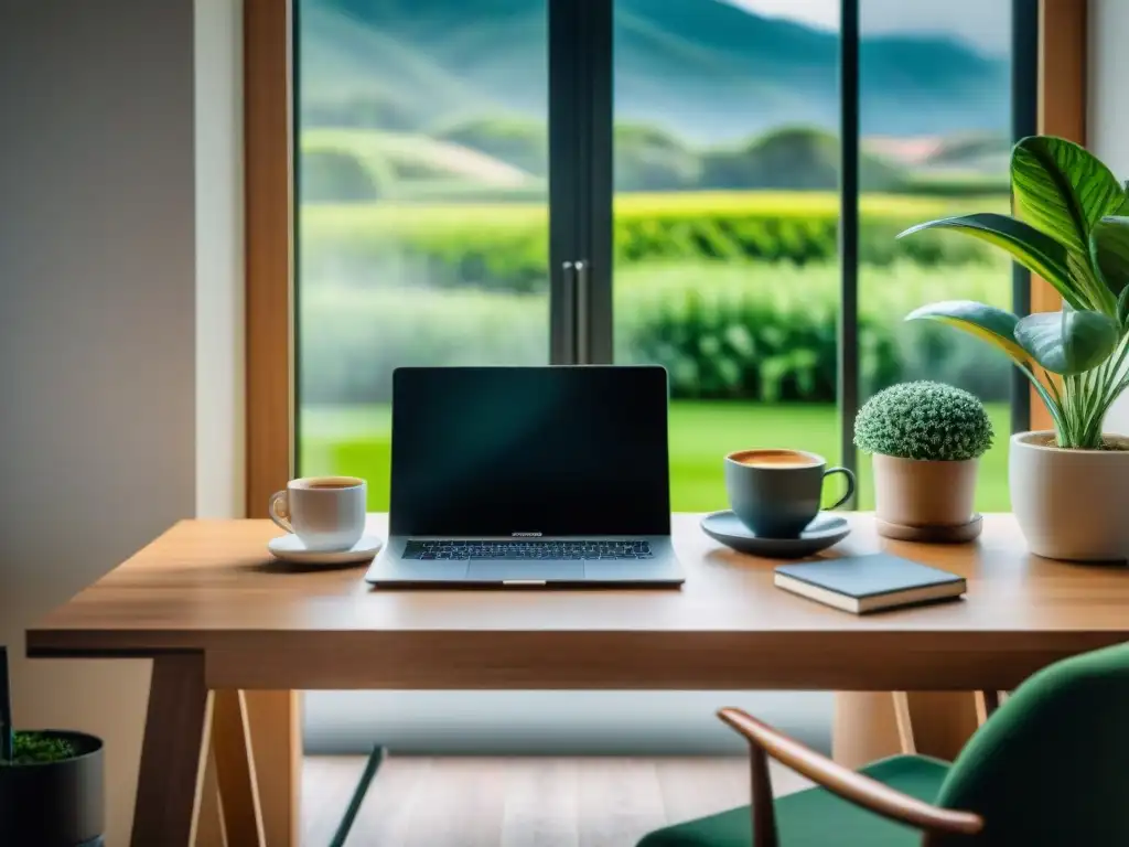 Un espacio de trabajo armonioso en Uruguay con laptop, café y plantas, simbolizando equilibrio vida trabajo Uruguay