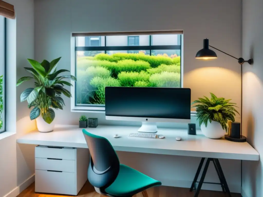 Espacio de trabajo digital saludable con mobiliario moderno, plantas verdes y luz natural