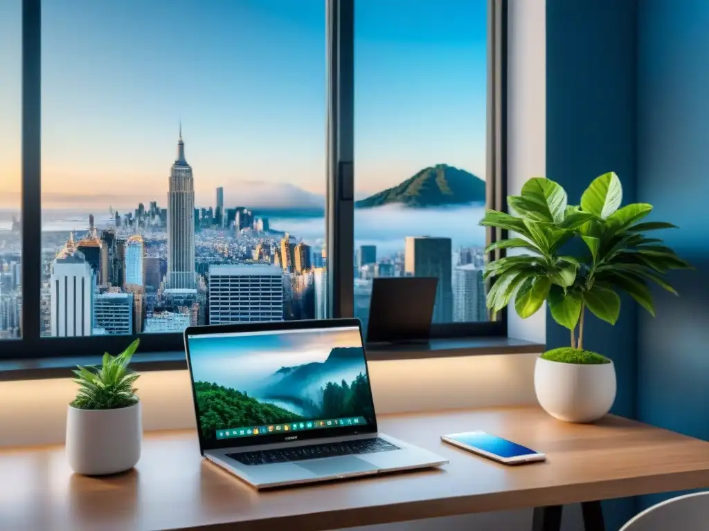 Espacio de trabajo moderno en Uruguay con laptop, café, planta y vista a la ciudad