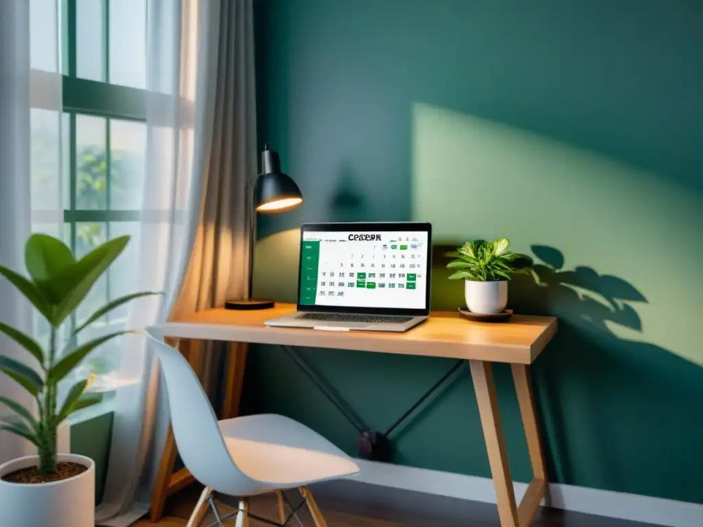 Un espacio de trabajo sereno y moderno con una elegante mesa, un reloj minimalista marcando las 8:00 AM, una computadora portátil con un calendario bien organizado, una impresión con una cita motivacional en la pared, una exuberante planta verde en una maceta elegante y una taza de café hum