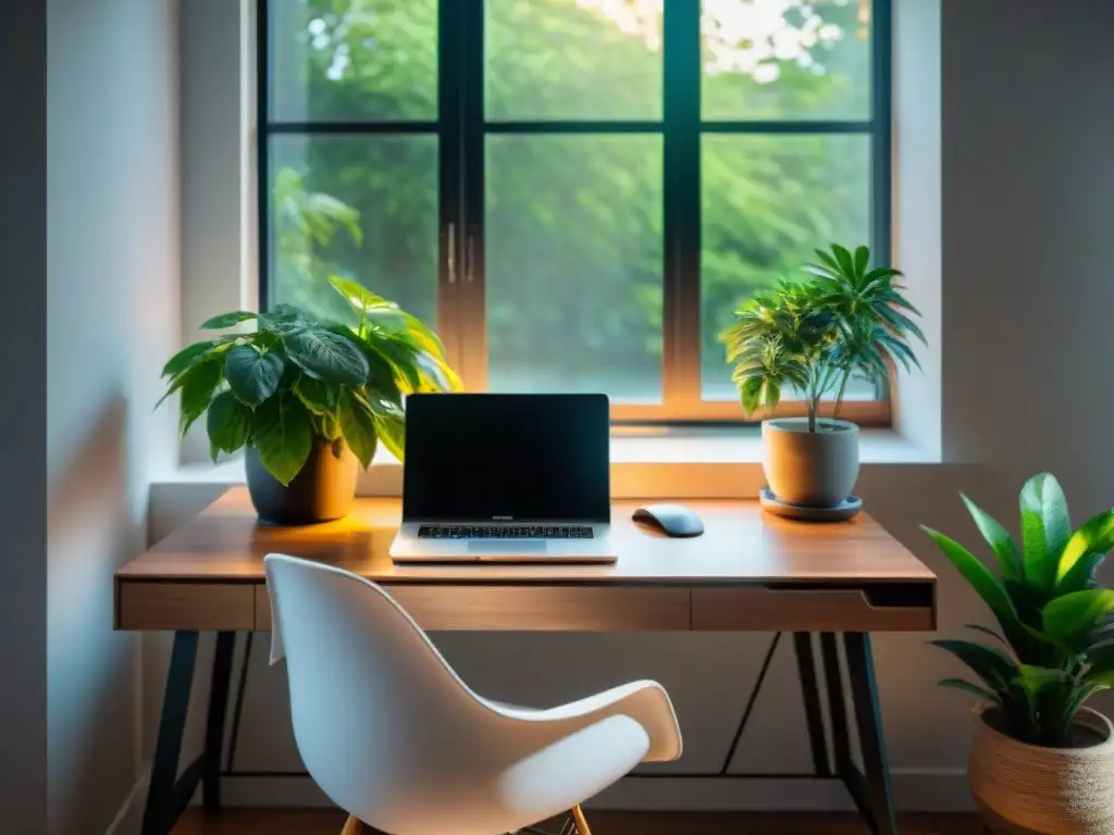 Un espacio de trabajo sereno y moderno con plantas, luz natural y vistas al jardín