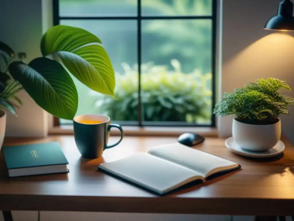 Espacio de trabajo sereno y moderno con vista a un jardín tranquilo, escritorio organizado con laptop, planta, té y diario de mindfulness en blanco