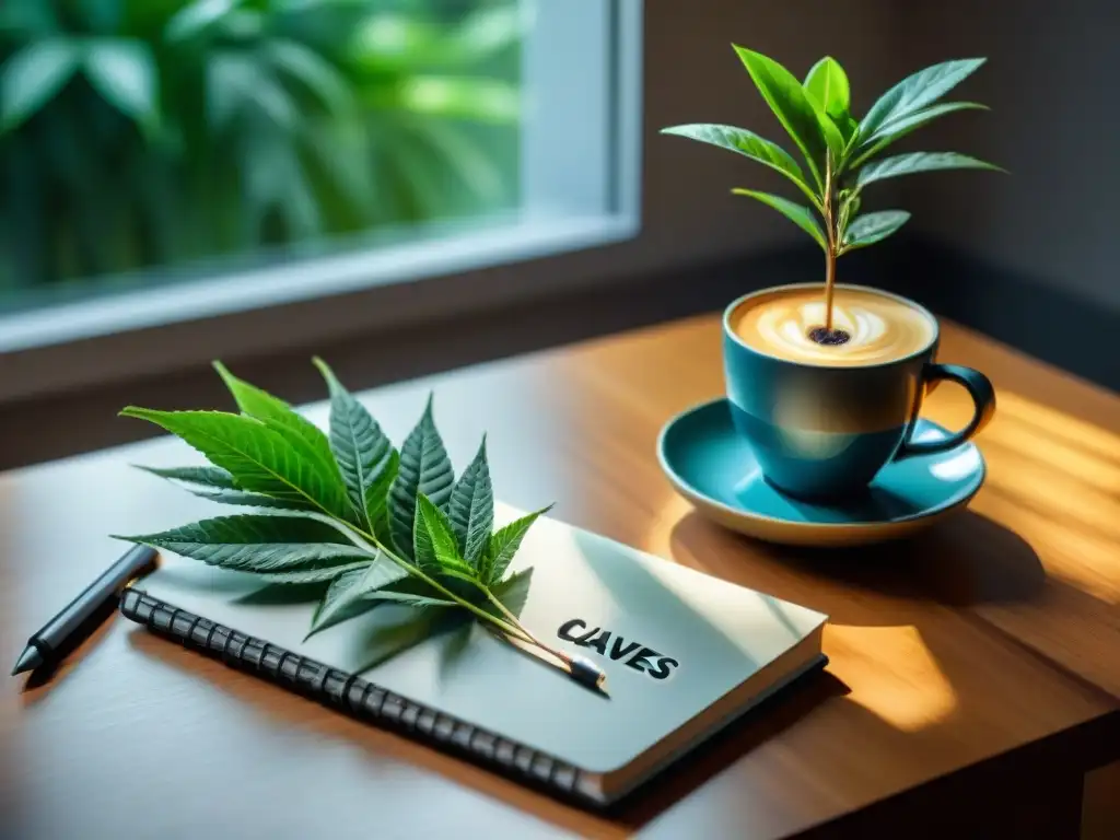 Un espacio de trabajo sereno y moderno con plantas verdes, una libreta con 'Claves bienestar integral Uruguay' y una taza de café