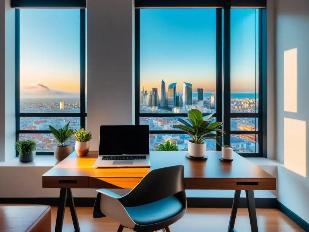 Espacio de trabajo tranquilo con vista a Montevideo, escritorio minimalista, planta, café, fomentando la salud mental emprendedores Uruguay