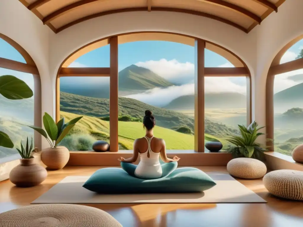 Espacio de meditación uruguayo con vistas a la naturaleza, iluminación suave y decoración tradicional, ideal para Apps uruguayas bienestar personal