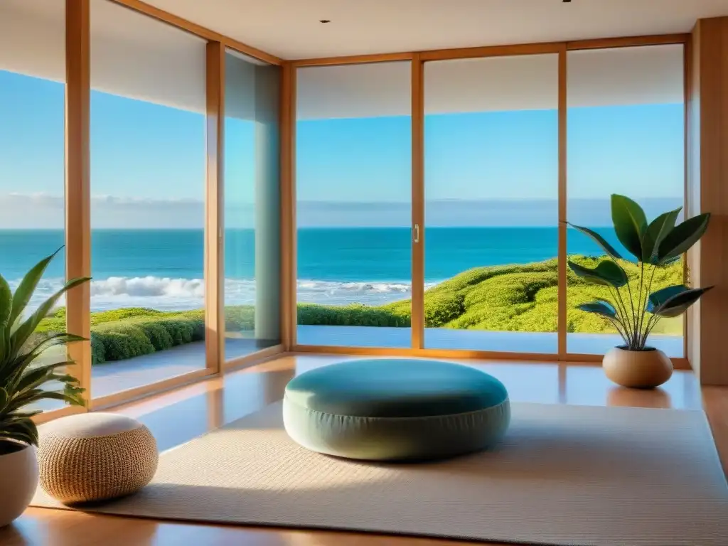 Espacio de meditación en Uruguay con vista al mar, decoración minimalista y almohadón de meditación