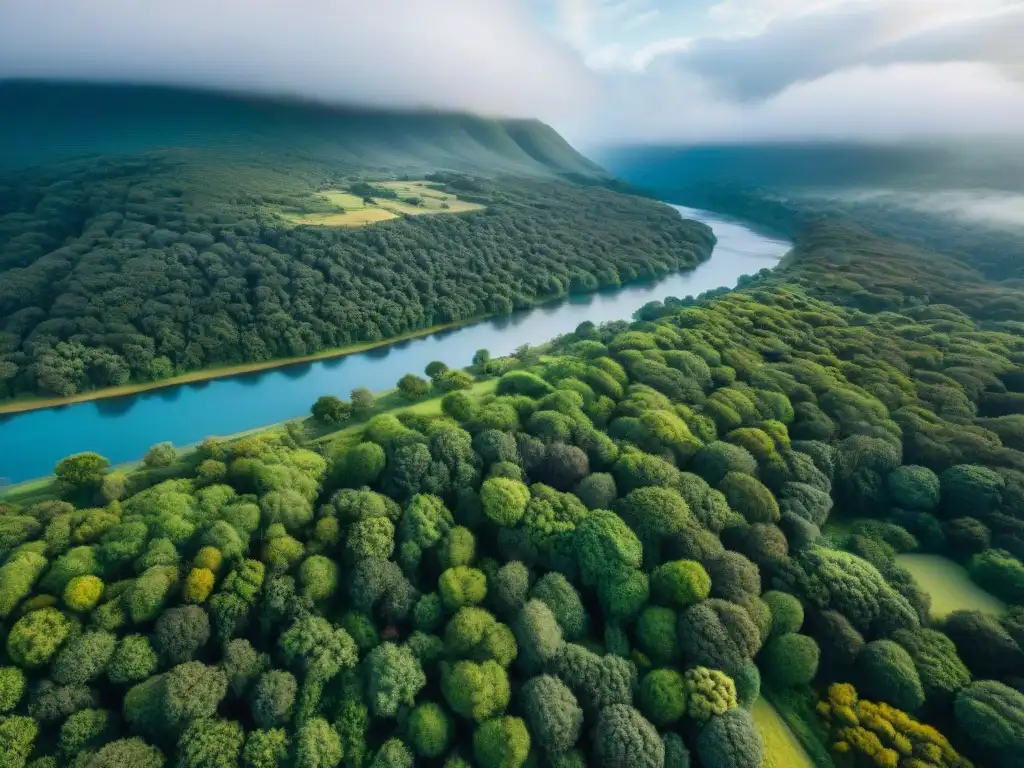 Explora espacios verdes en Uruguay: vista aérea de exuberantes paisajes con colinas, bosques y ríos serpenteantes