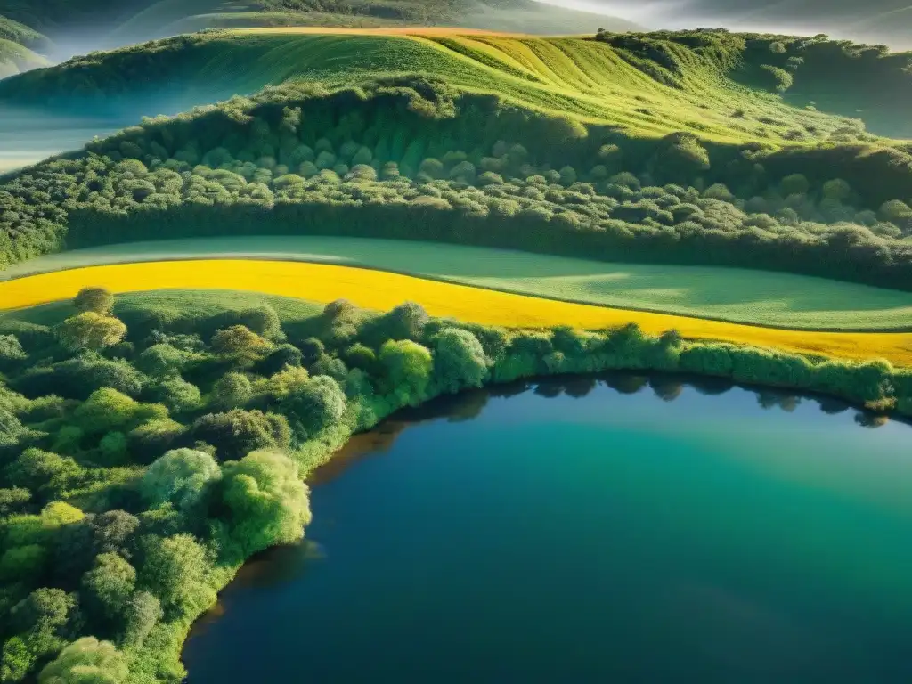 Explorar espacios verdes en Uruguay: Paisaje exuberante con colinas, bosques y arroyo, bañados por la cálida luz dorada del atardecer