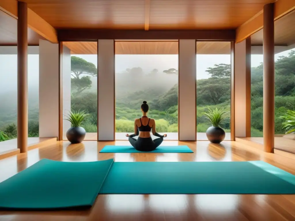 Espacioso estudio de yoga con vistas panorámicas en centro de bienestar moderno en Uruguay para mejorar bienestar seguro salud Uruguay