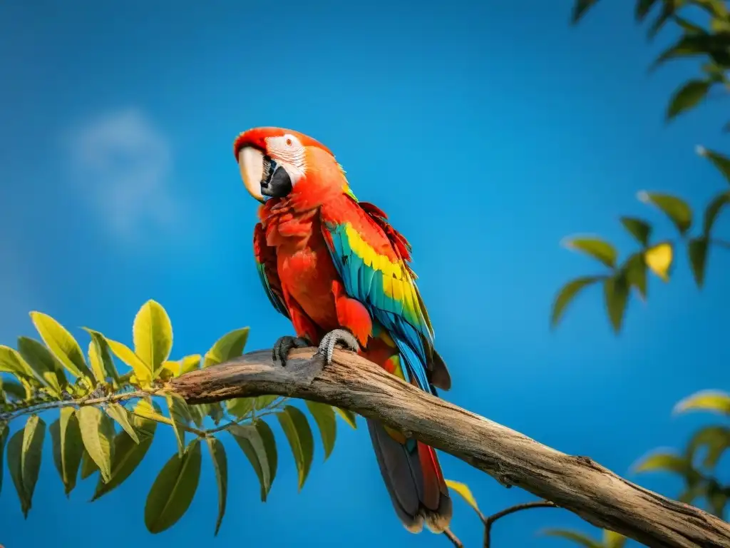 Espectacular guacamayo escarlata en un árbol verde brillante bajo cielo azul en Parque Nacional de Santa Teresa