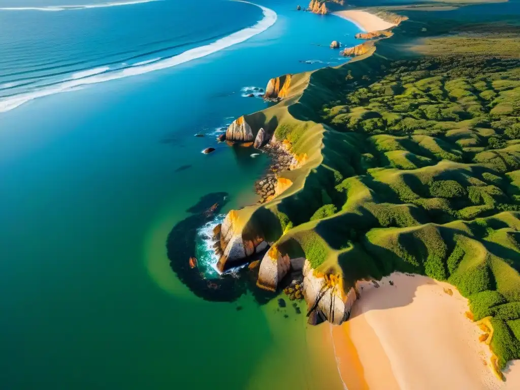 Espectacular vista aérea del Parque Nacional Cabo Polonio en Uruguay al atardecer, mostrando la costa agreste, playas de arena y vegetación exuberante