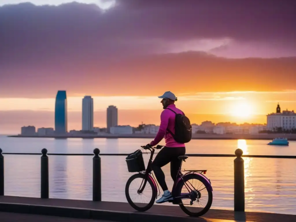 Espléndido amanecer sobre la Rambla de Montevideo, Uruguay, reflejando beneficios vitamina D estado ánimo con una luminosidad dorada