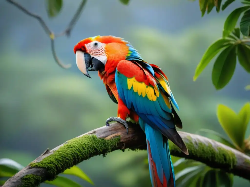 Espléndido Guacamayo Escarlata en rama, destacando su plumaje rojo, azul y amarillo