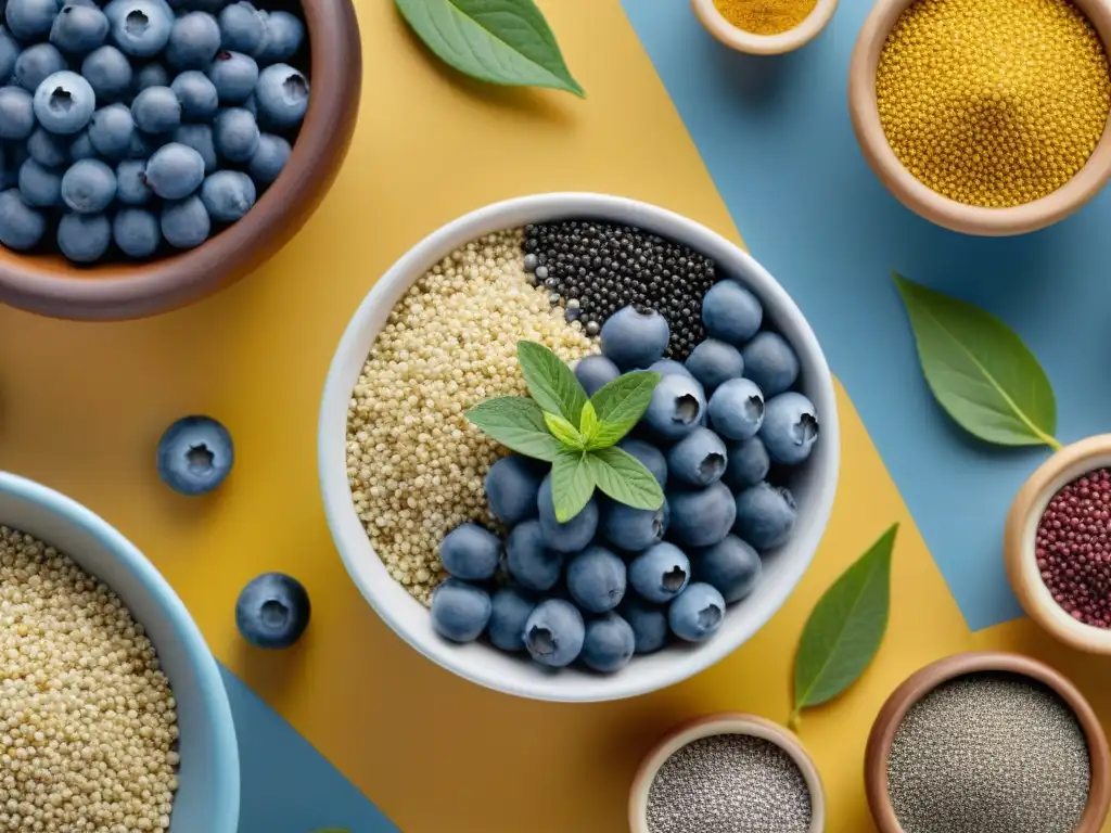 Un estallido de color en superalimentos uruguayos infancia saludable: quinoa, semillas de chía, arándanos y yerba mate