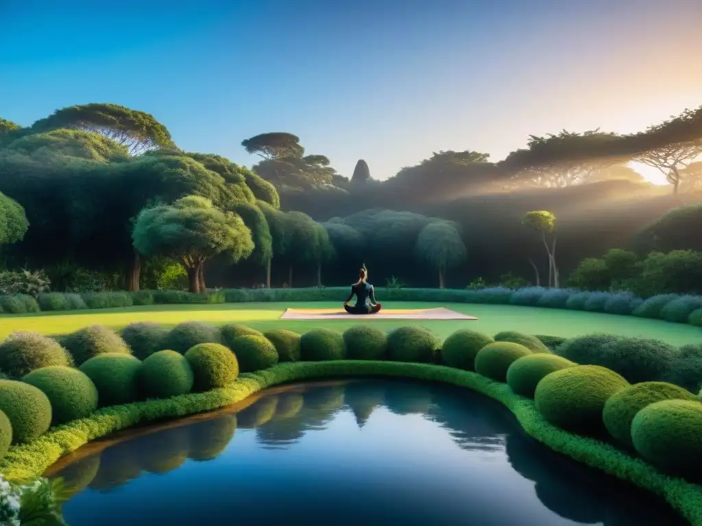 Un jardín de meditación en Uruguay con un estanque sereno, verdor exuberante y personas practicando yoga al atardecer