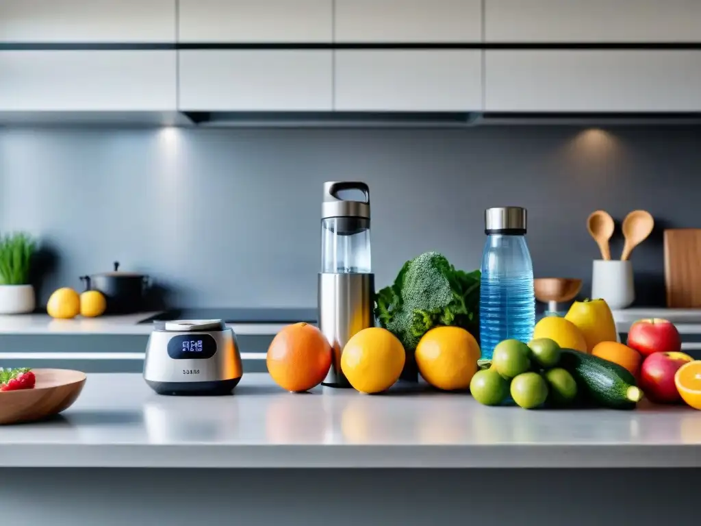 Estilo de vida saludable en Uruguay: Cocina moderna con gadgets inteligentes y alimentos frescos, reflejando equilibrio y bienestar