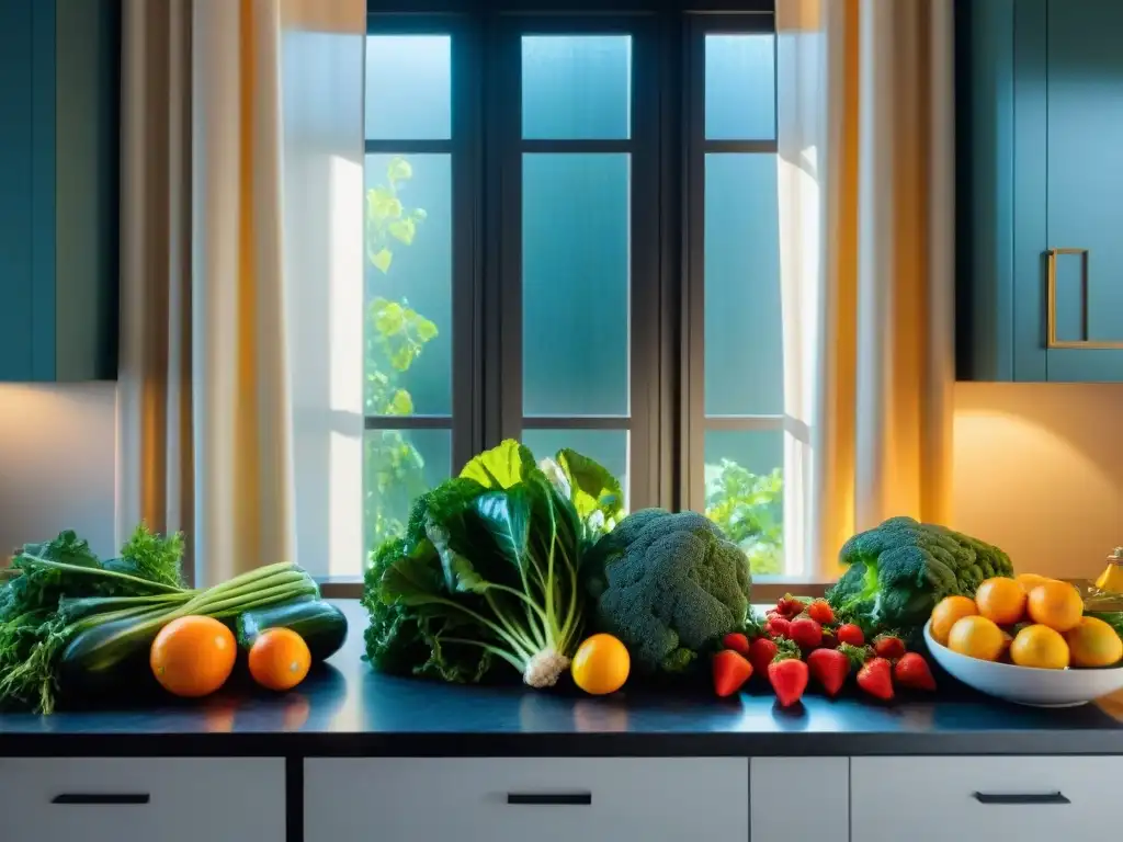 Gestión del estrés en Uruguay: Cocina moderna con frutas y verduras coloridas en elegante encimera de mármol, iluminada por luz natural suave