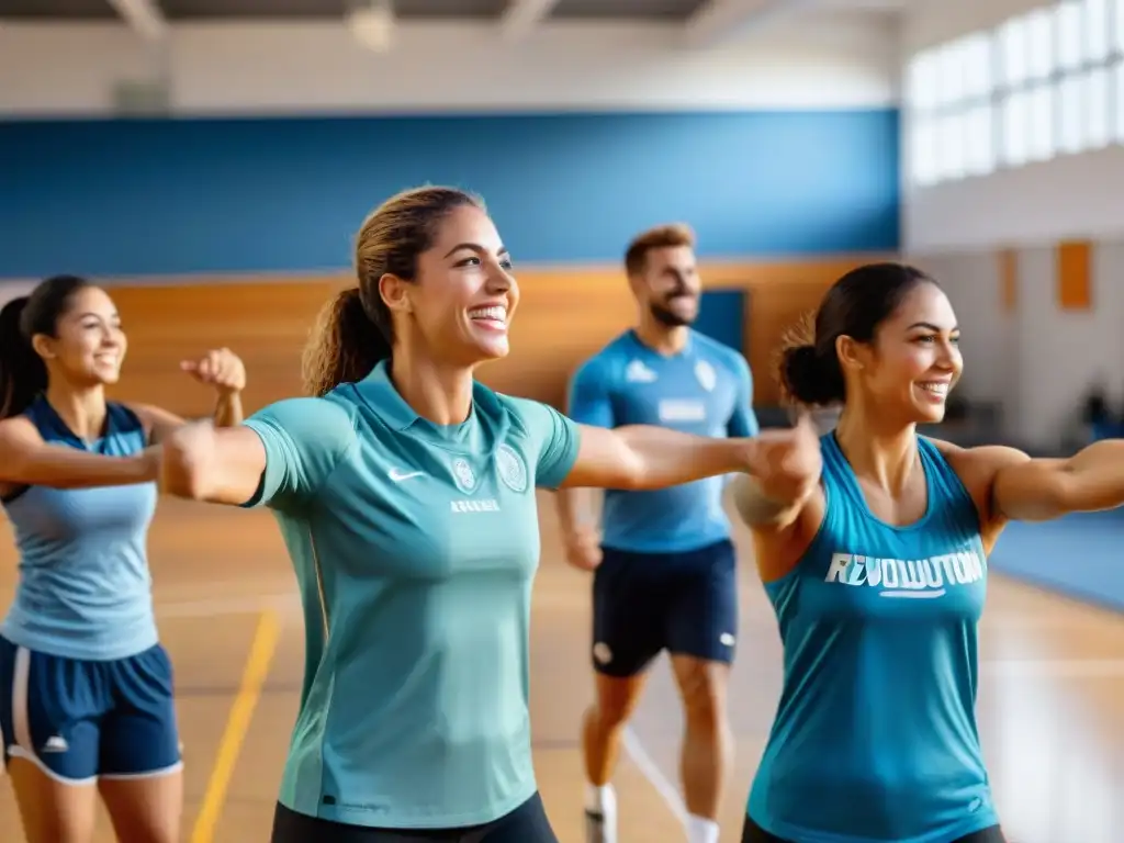 Estudiantes diversos disfrutan de actividades físicas en gimnasio moderno con instructor apasionado