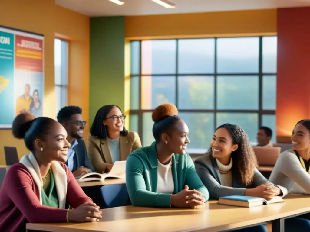 Estudiantes diversos debaten en aula luminosa con carteles educativos multiculturales