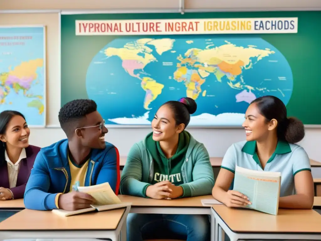 Estudiantes de diversas culturas intercambian en aula iluminada, promoviendo integración con Programas educativos integración migrantes Uruguay