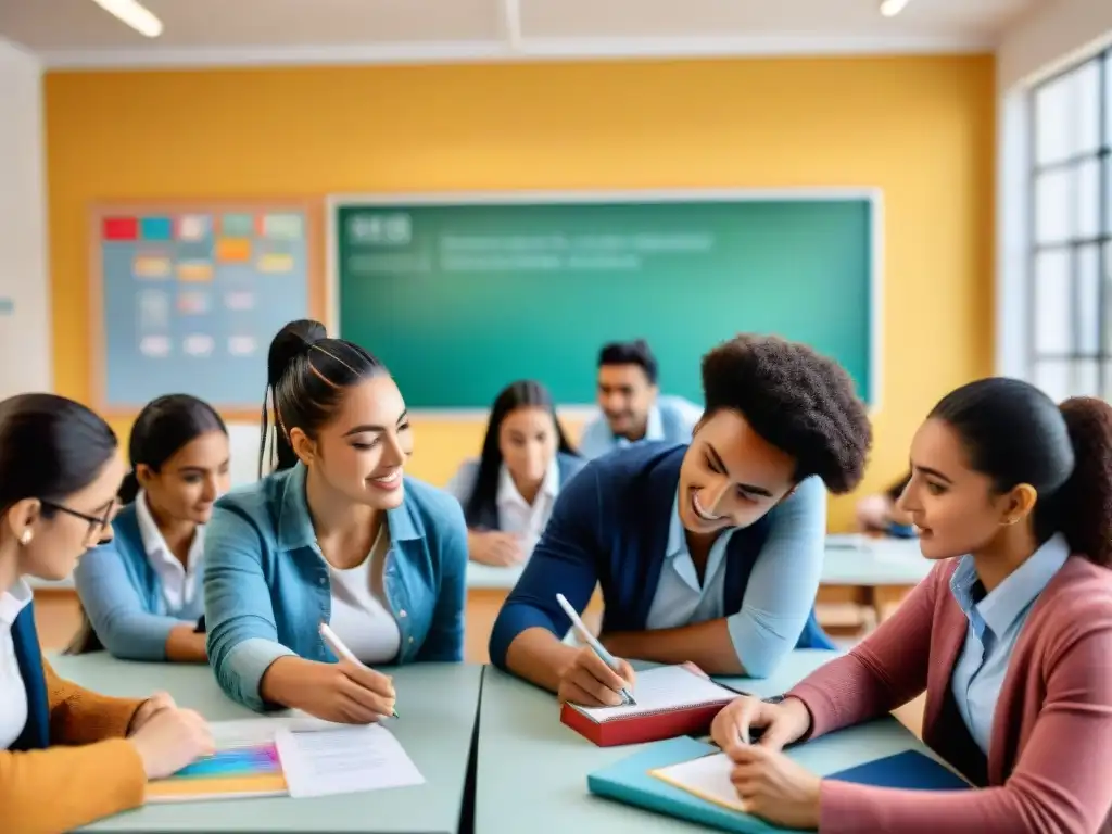 Estudiantes entusiastas participando en actividad educativa, rodeados de materiales coloridos y tecnología en un aula moderna en Uruguay