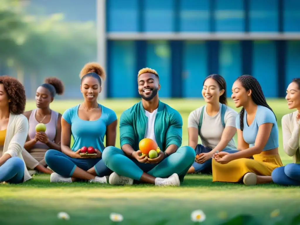 Estudiantes practican mindfulness con frutas en campo soleado