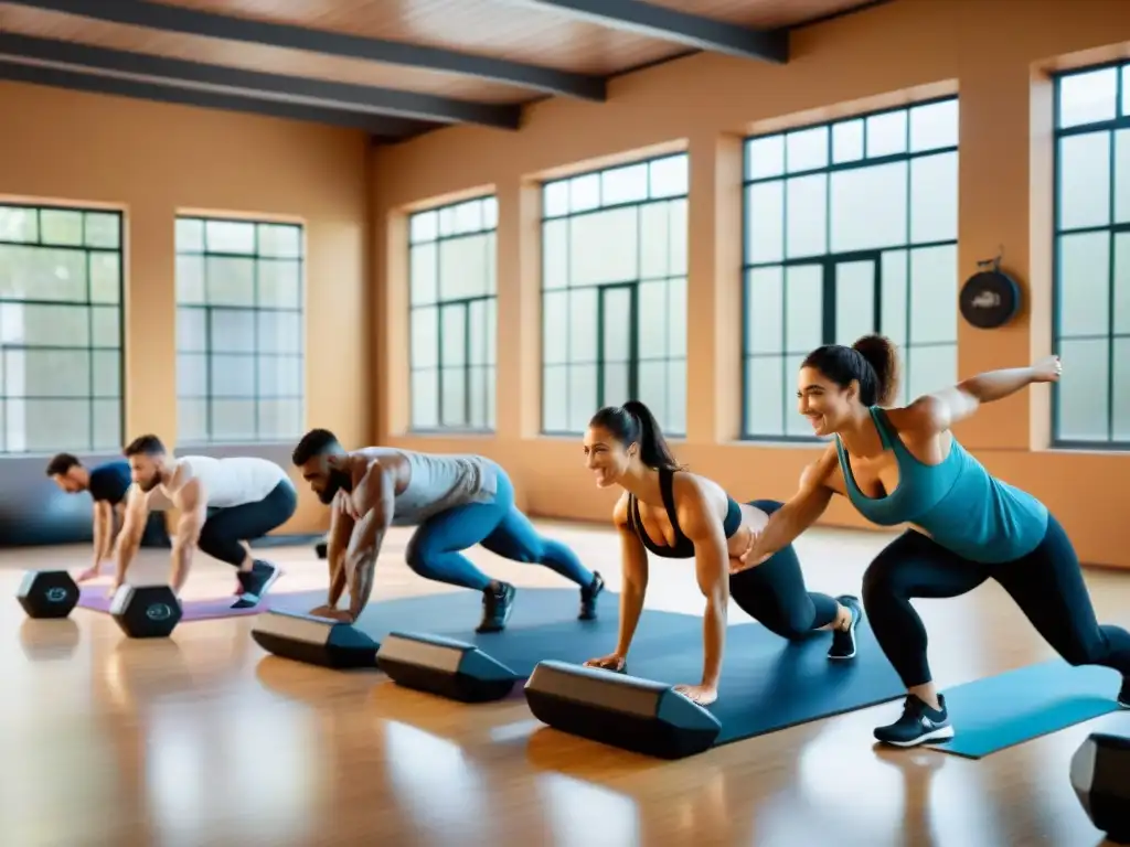 Estudiantes en gimnasio avanzado, practicando técnicas avanzadas educación física en Uruguay, guiados por instructores entusiastas