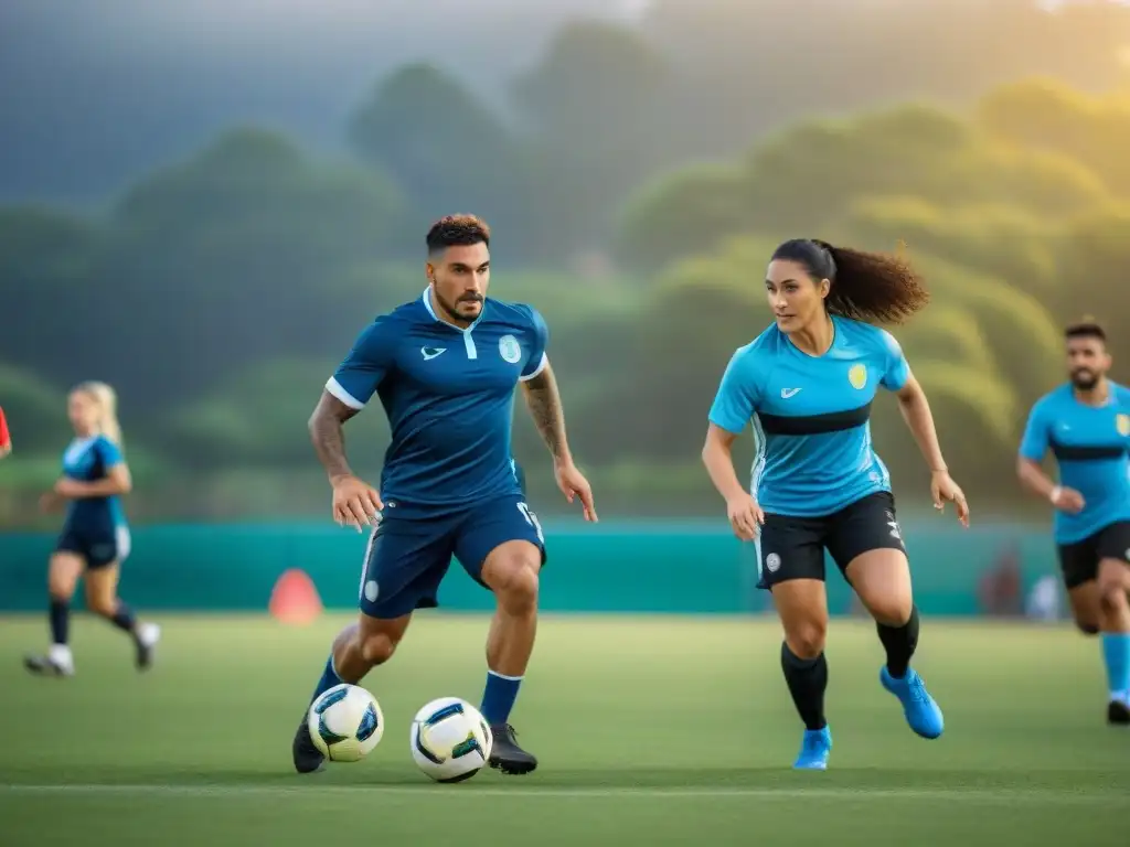 Fútbol inclusivo en Uruguay: alegría y trabajo en equipo Estudiantes disfrutan de un juego de fútbol amistoso en un campo vibrante en Uruguay, demostrando la educación física innovadora en Uruguay