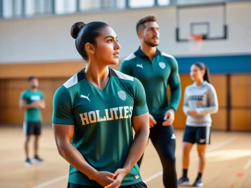 Estudiantes de Uruguay practican educación física con psicología, mostrando determinación y trabajo en equipo en un gimnasio moderno